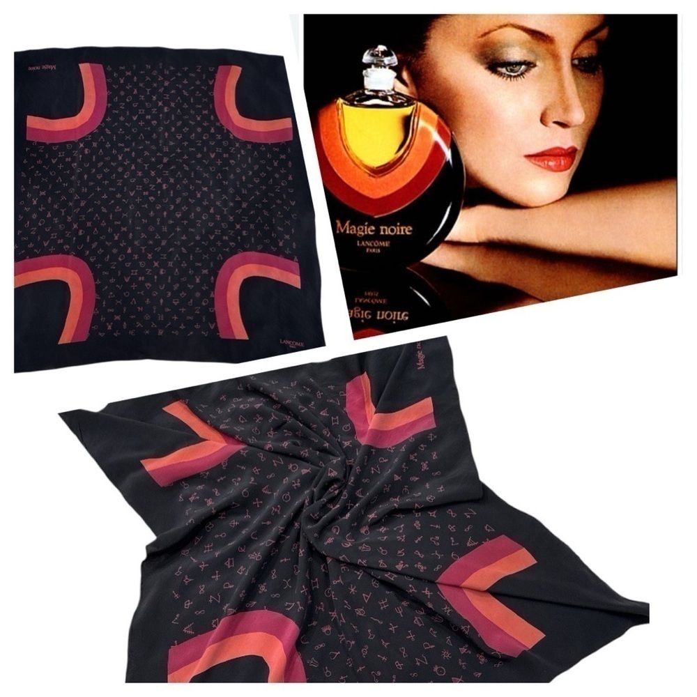 LANCOME PARIS Magie Noire elegant black silk scarf Vintage